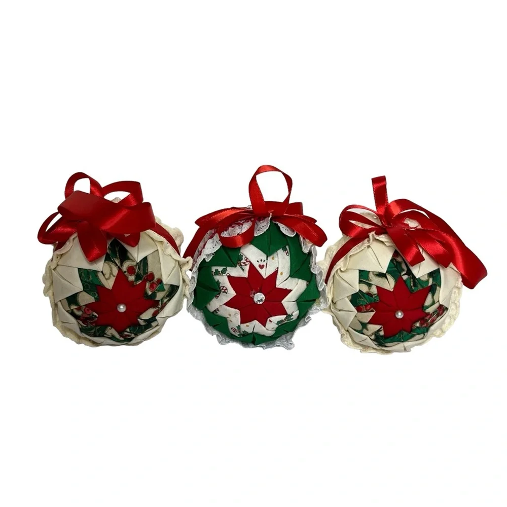 Vintage Handmade Folded Fabric Multicolor Christmas Ball‎ Ornaments Set of 7
